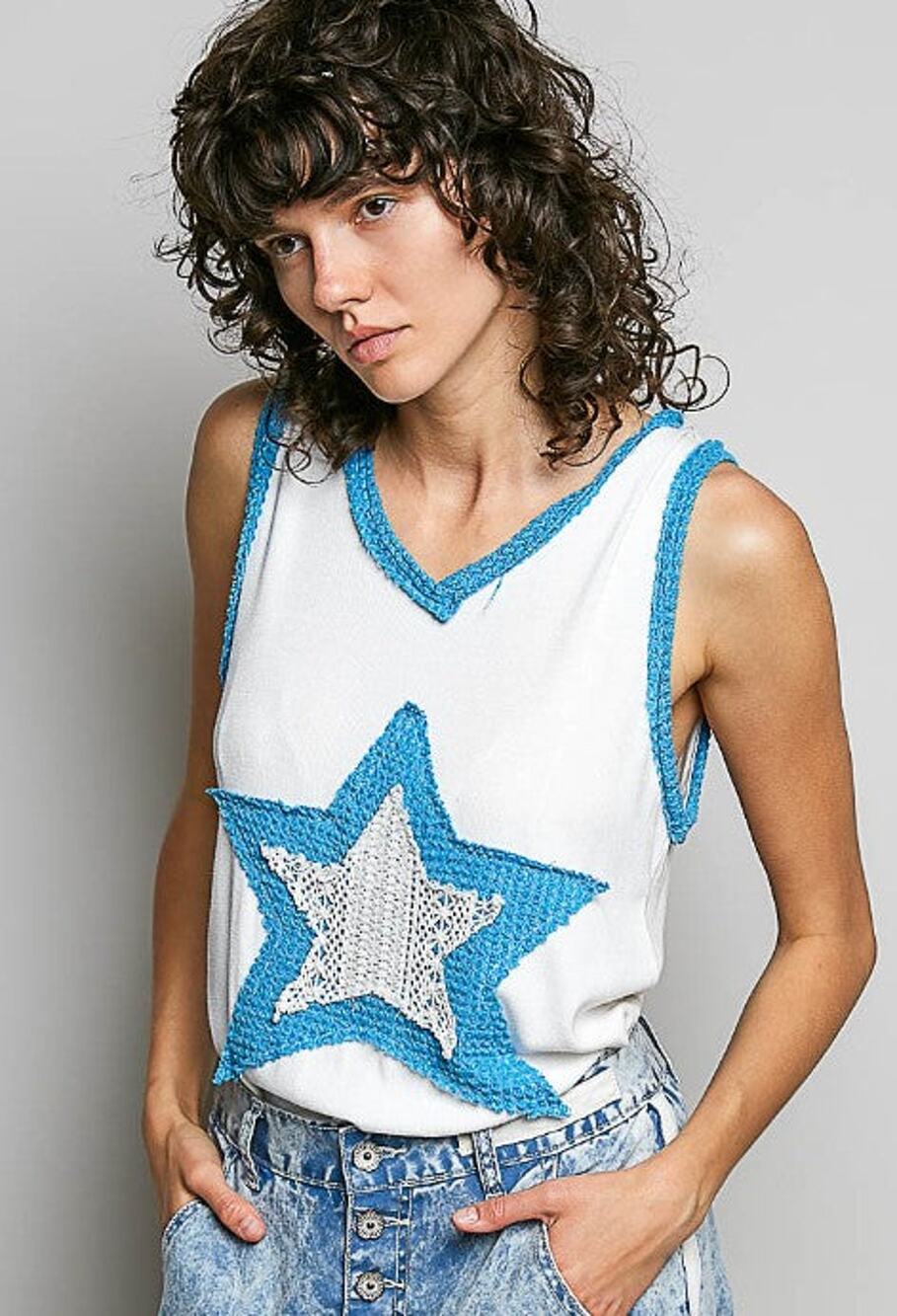 POL Star Crochet Patch V-Neck Tank Top